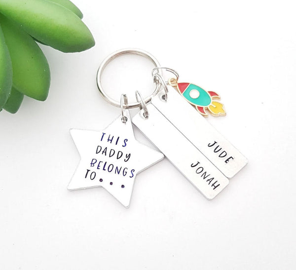 Rocket keyring for Dad, This Daddy belongs, hand stamped personal keyring, from children keyring, grandad gift, father's Day, dad keyring