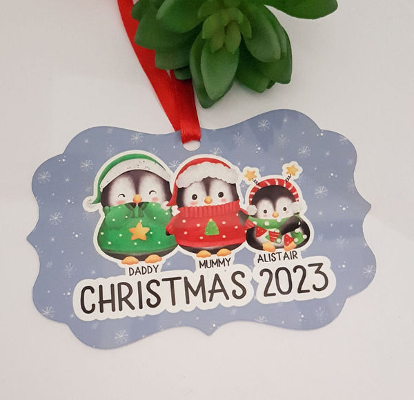 Christmas  Penguin Family decor, personalised family tree ornament