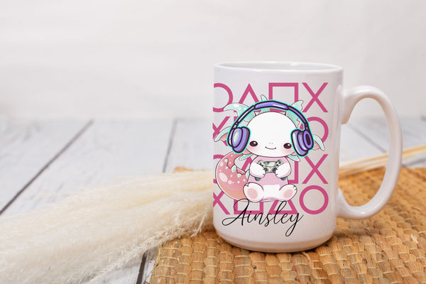 Axolotl mug, gaming axolotl, personalised gaming mug, axolotl owner gift
