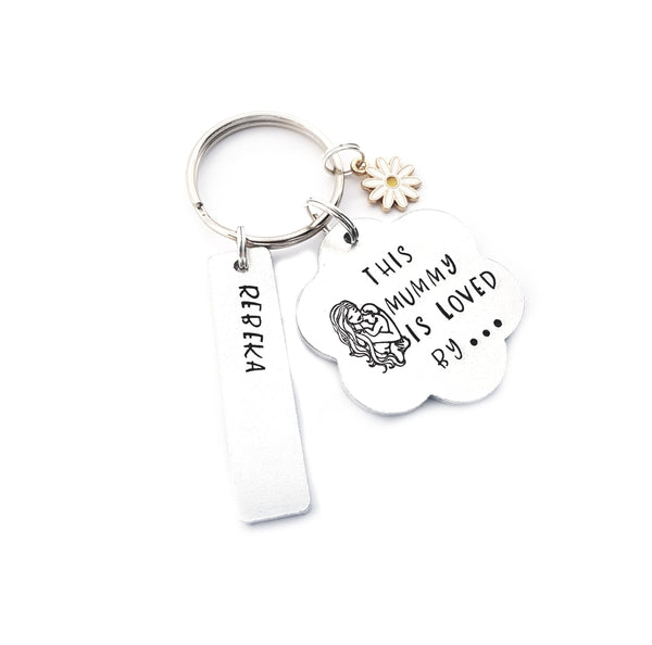 'This Mummy is loved by' hand stamped flower keyring