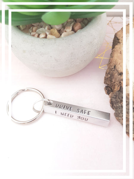 This gorgeous 3d bar keyring has 4 sides that we can customise. It reads ' Drive safe I need you here with me' Finished off with a stamped heart where we can add an initial before the heart if you would like.  A lovely little reminder to a new driver or just to the one you love.  * 40mmx5mmx5mm. *Each letter is stamped individually by hand. *Fantastic gift idea for Birthdays/Christmas and so on.