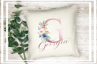 Ombre pink floral initial cushion cover