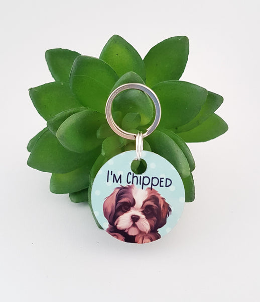 Round Polka dot dog tag, Illustrated dog tags, Personalised ID tags for dogs, waterproof dog name tags, printed pet tags, pink dog tags, metal dog tags