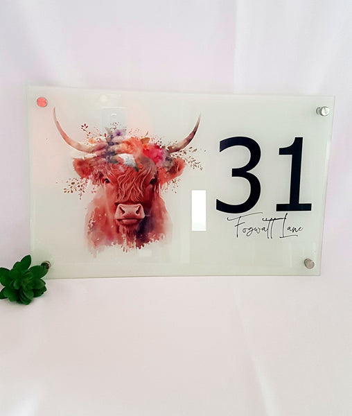 Highland cow house name and number plaque, house number sign