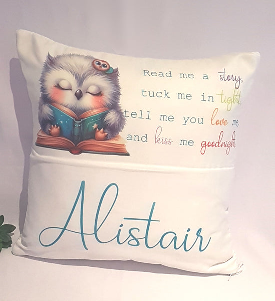 Owl cushion with pocket, personalised cushion cover