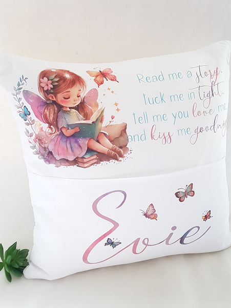 Fairy reading cushion with pocket, personalised cushion cover