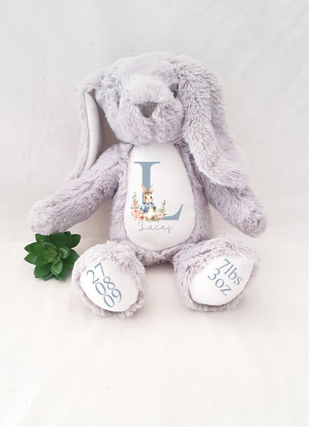 Personalised rabbit with Initial, personalised plush cuddly bear, soft toy teddy bear, new baby gift, 1st birthday gift , baby shower