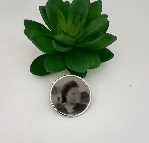 Round personalised memorial photo charm, wedding brooch