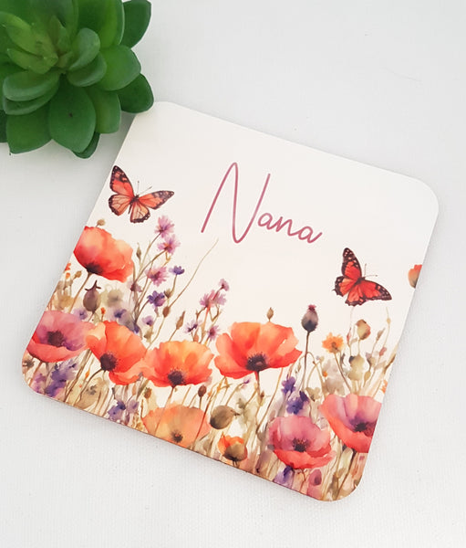Nanna's coaster, poppy and butterfly coaster, wildflower coaster