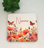 Nanna's coaster, poppy and butterfly coaster, wildflower coaster