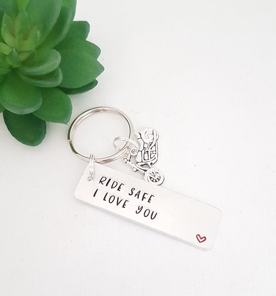 Ride safe  I love you keyring, hand stamped  metal keyring,  passed motorbike test, gifts for boyfriend, initial keychain, ride safe