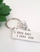 Ride safe  I love you keyring, hand stamped  metal keyring,  passed motorbike test, gifts for boyfriend, initial keychain, ride safe