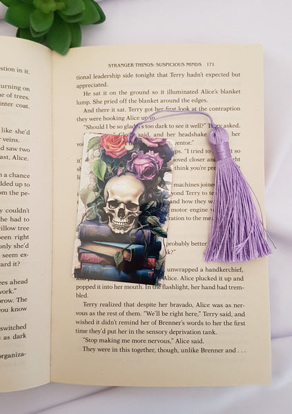 Skull bookmark, skull and roses bookmark with tassel