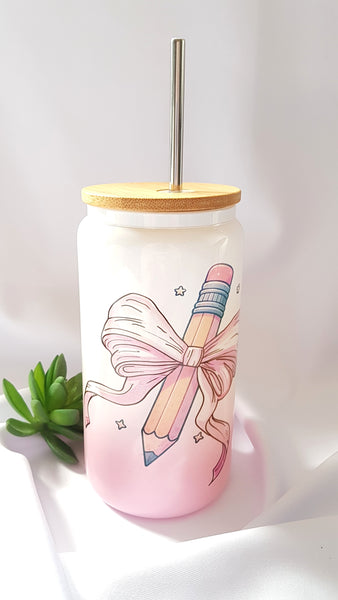 Personalised name pencil glass can bamboo lid, cute stationary libby glass, cute summer cup, reusable iced coffee cup, teacher glass  cup, writer gift