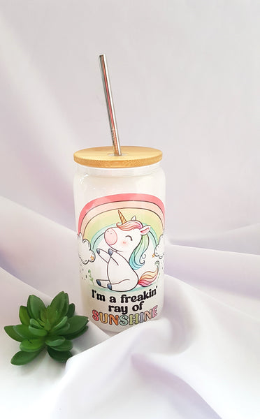 Personalised Unicorn glass can bamboo lid, cute unicorn libby glass, cute summer cup, reusable iced coffee cup,