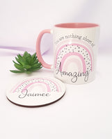 'You are nothing short of amazing' rainbow mug and coaster