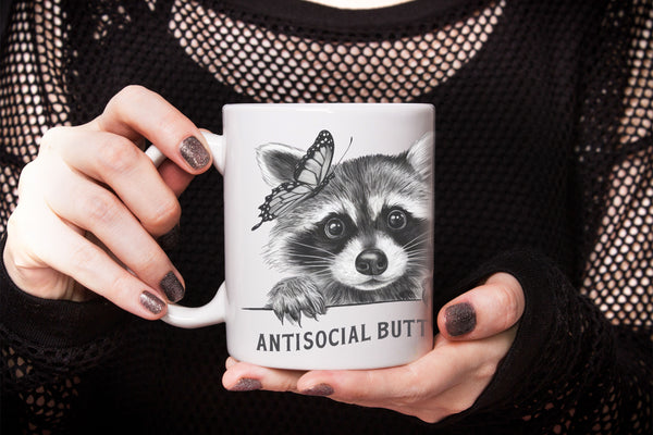 Antisocial butterfly mug, racoon mug