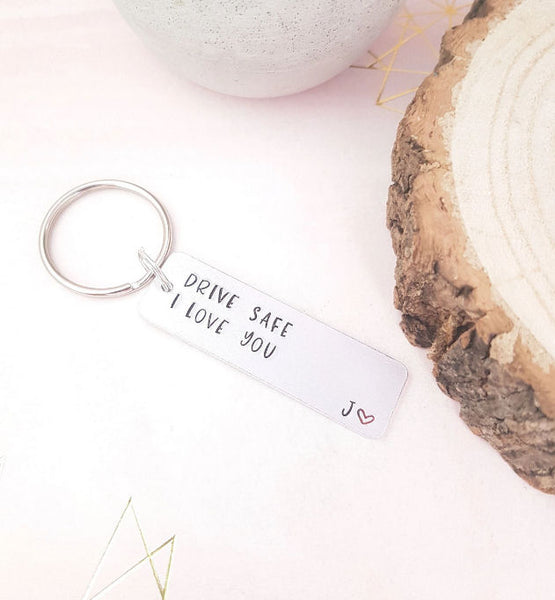 Drive safe  I love you keyring, hand stamped  metal keyring,  passed driving test, gifts for boyfriend, initial keychain, drive safe