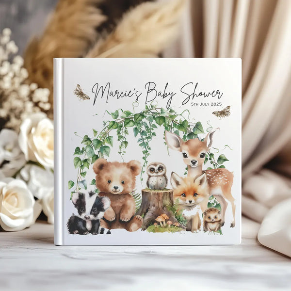 Baby shower guest book with forest animals design on a decorative background, Baby shower guest book, baby shower gift, new baby gift, gift for memories