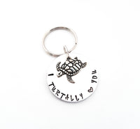 'I turtally love you', has just been added to our collection of hand stamped keyrings.