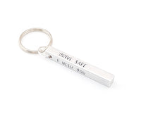 This gorgeous 3d bar keyring has 4 sides that we can customise. It reads ' Drive safe I need you here with me' Finished off with a stamped heart where we can add an initial before the heart if you would like.  A lovely little reminder to a new driver or just to the one you love.  * 40mmx5mmx5mm. *Each letter is stamped individually by hand. *Fantastic gift idea for Birthdays/Christmas and so on.