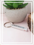 This gorgeous 3d bar keyring has 4 sides that we can customise. It reads ' Drive safe I need you here with me' Finished off with a stamped heart where we can add an initial before the heart if you would like.  A lovely little reminder to a new driver or just to the one you love.  * 40mmx5mmx5mm. *Each letter is stamped individually by hand. *Fantastic gift idea for Birthdays/Christmas and so on.