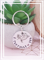 'I turtally love you', has just been added to our collection of hand stamped keyrings.