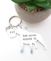 Staffordshire Bull Terrier keyring, This human belongs to