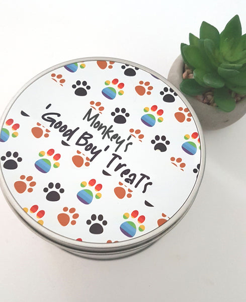 Dog treat tin, personalised good boy tin, custom cat treat box, pet treat box, personalised pet tin, goodie tin, treat tin