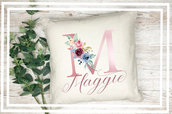 Ombre pink floral initial cushion cover